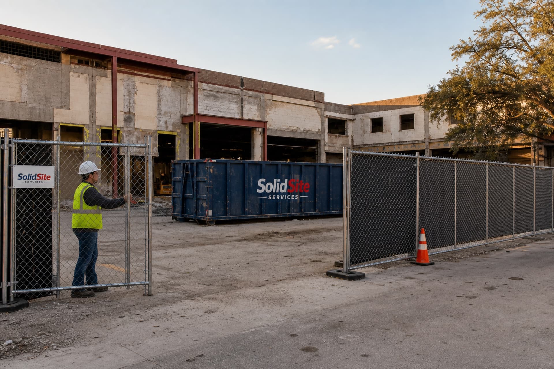 SolidSite branded roll-off dumpster inside a temporary fenced commercial jobsite