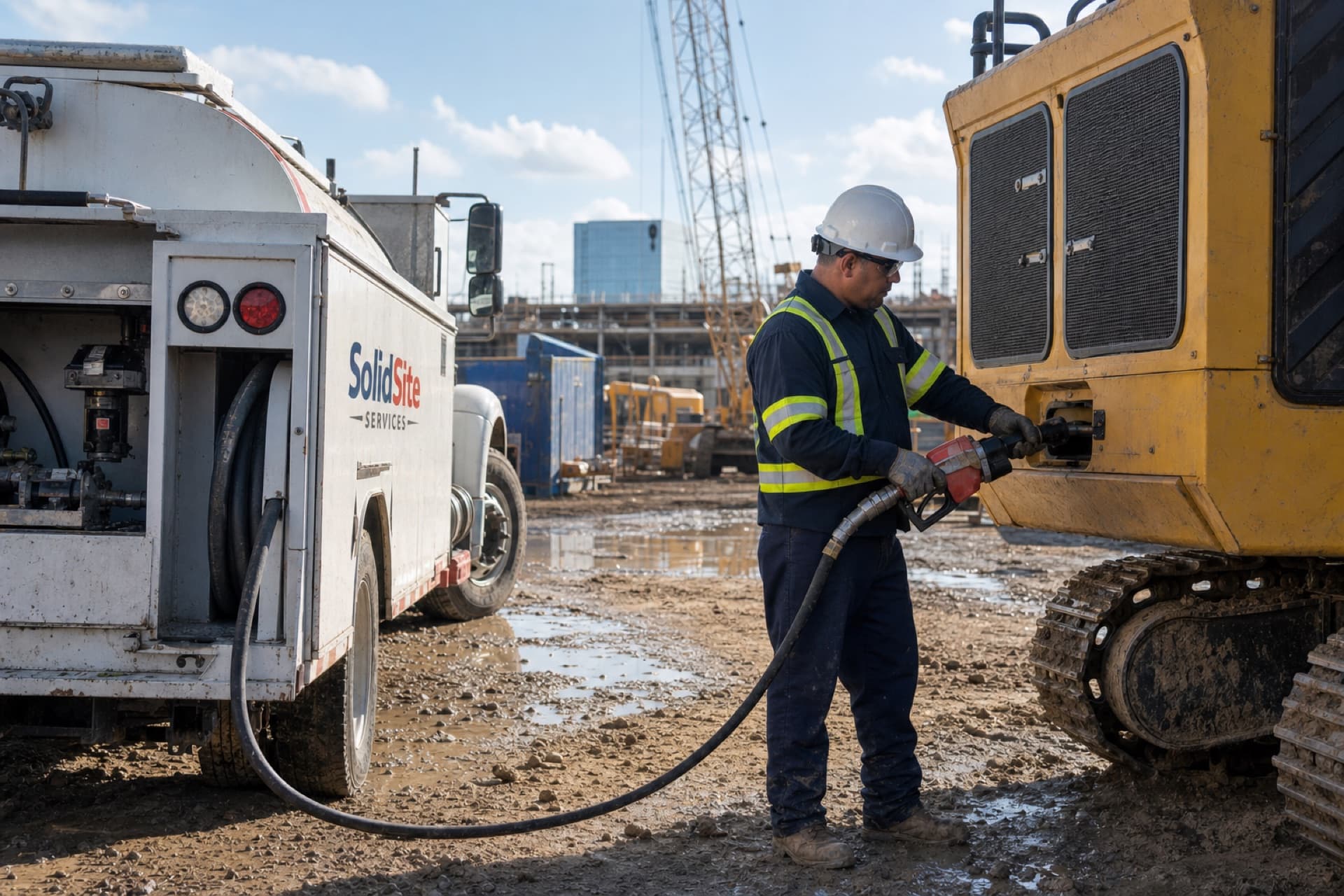 SolidSite technician providing on-site diesel delivery to construction equipment