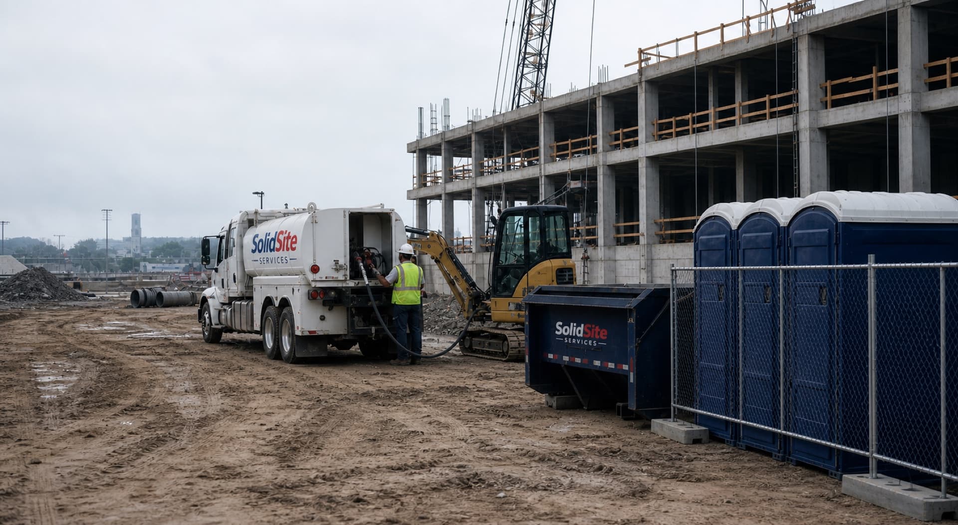 SolidSite coordinating fuel delivery, portable restrooms, temporary fence and a roll-off dumpster at a commercial construction site