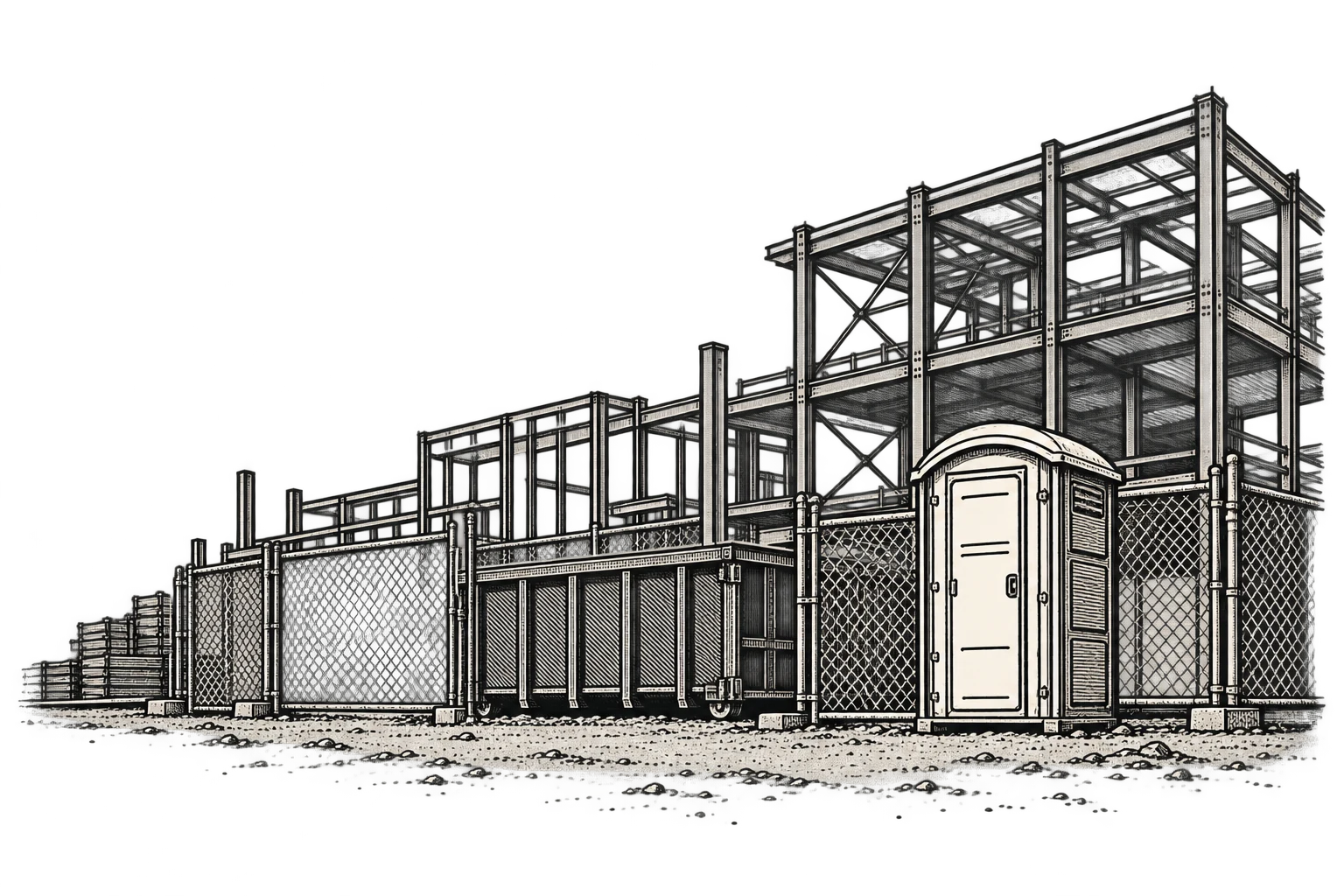 Hand-drawn jobsite with a steel building frame, temporary fencing, a dumpster and a portable restroom