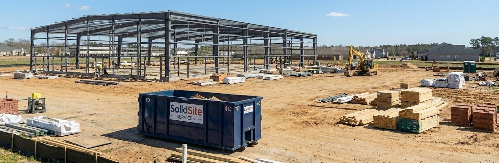 SolidSite-branded roll-off dumpster on a Houston steel-frame jobsite