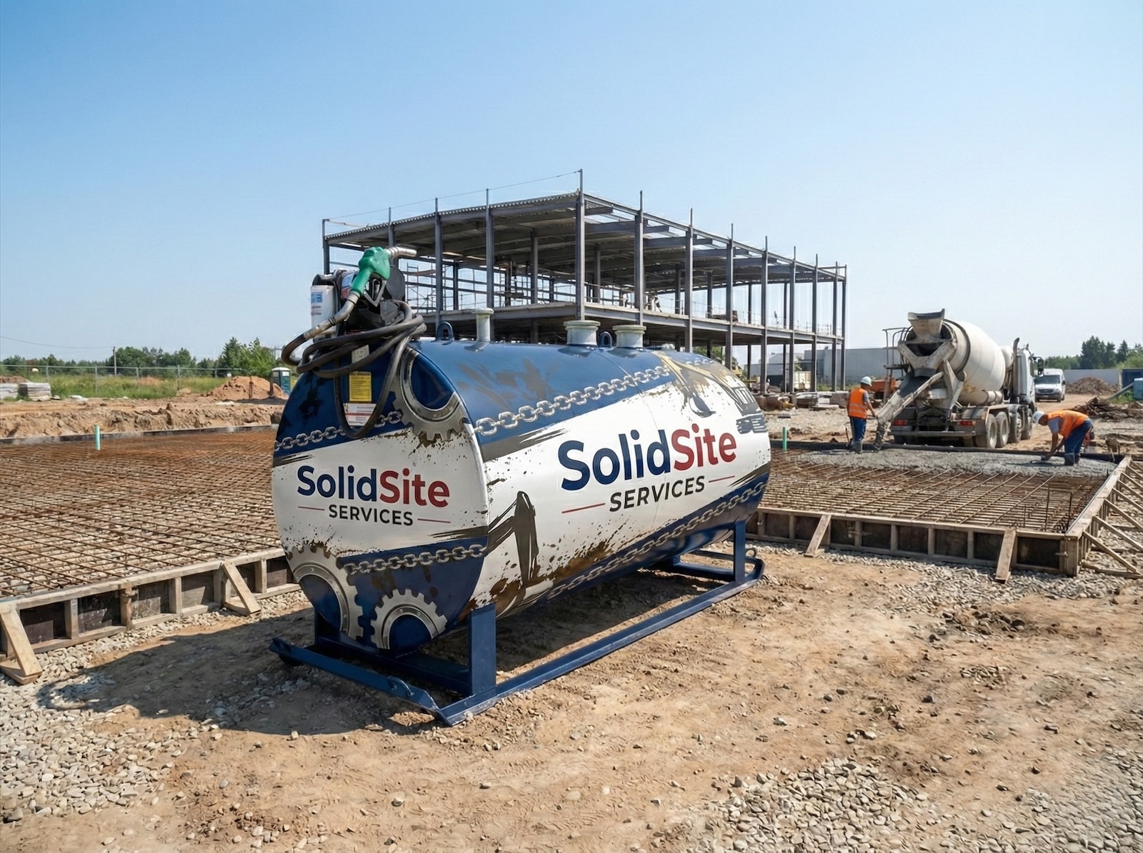 SolidSite-branded fuel skid tank on an active concrete-pour site