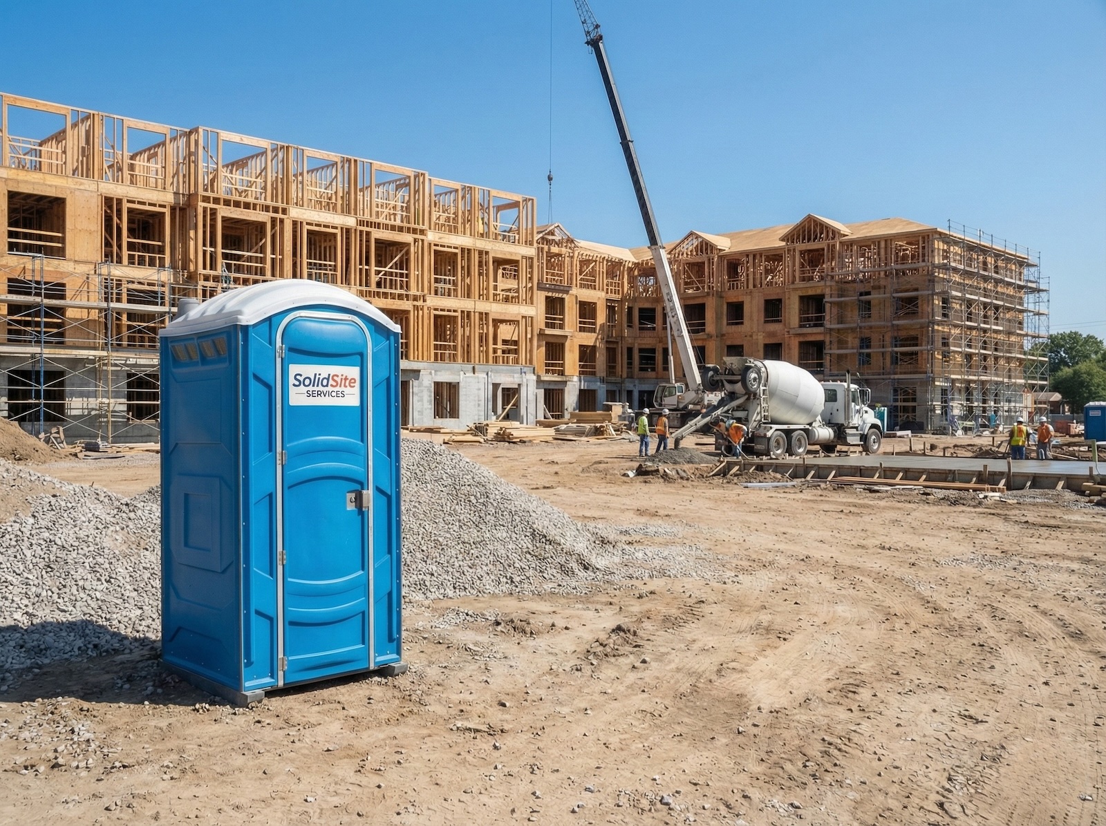 SolidSite-branded portable restroom on a Houston multi-family framing site